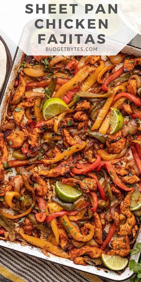 These easy Sheet Pan Chicken Fajitas are a simple hands-off way to get that smoky-sweet flavor of traditional griddle fajitas. Griddle Fajitas, Chicken Fajitas Oven, Baked Fajitas, Oven Fajitas, Easy Sheet Pan Chicken, Sheet Pan Fajitas, Pan Fajitas, Sheet Pan Chicken Fajitas, Baked Chicken Fajitas