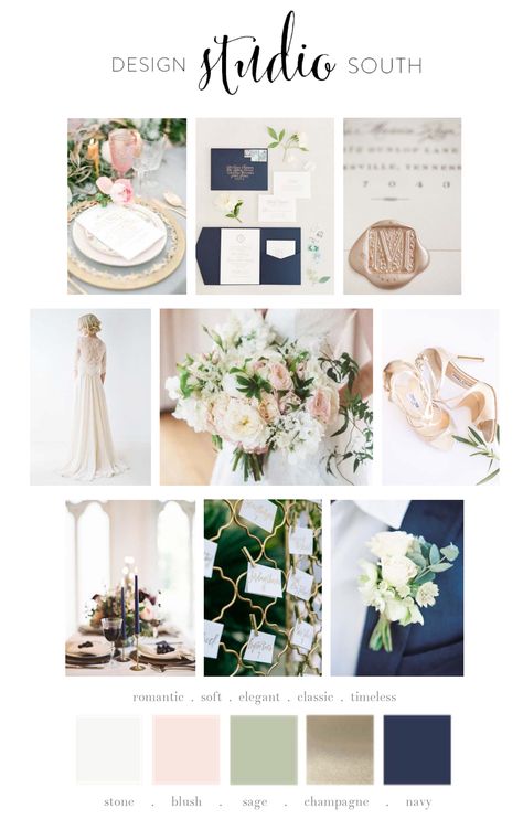 Mood Board:: stone, blush, sage, champagne, + navy Navy Champagne Wedding, Champagne Wedding Colors Scheme, Wedding Theme Color Schemes, Champagne Wedding Colors, Wedding Motifs, Wedding Color Trends, Sage Wedding, Wedding Palette, Wedding Theme Colors