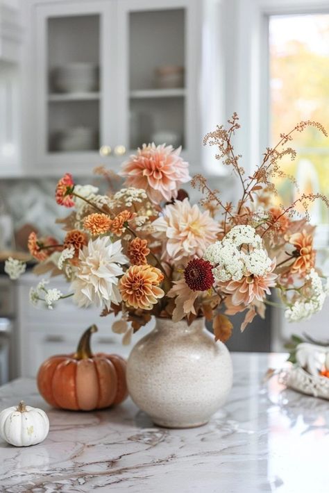 15 Easy Ideas To Transition Decor From Summer to Fall Summer To Fall Decor, White Pumpkin Centerpieces, Thanksgiving Floral Arrangements, Elegant Fall Decor, November Flower, Thanksgiving Floral, Thanksgiving Flowers, Fall Floral Arrangements, Fall Decor Ideas