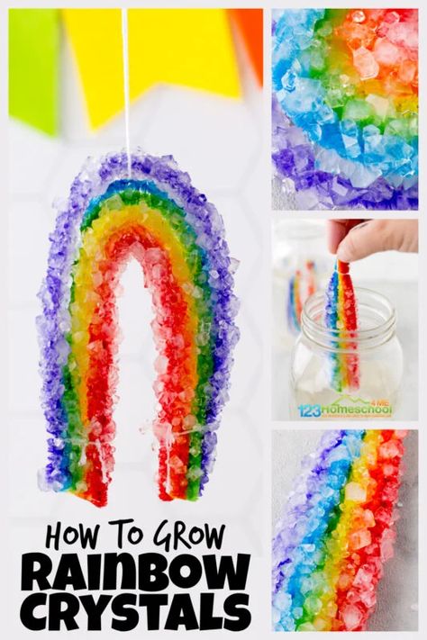 Kids are going to be wowed and amazed as they learn how to make rainbow crystals in this fun rainbow activity for kids! You can quickly and easily grow your own crystals with these fun spring activities for preschool, pre-k, kindergarten, first grade, 2nd grade, 3rd grade, 4th grade, and 5th grade students.  This borax crystals science project is perfect for celebrating spring, as a St Patricks day activity, or a rainbow activity for preschoolers. Rain Crafts, Rainbow Experiment, Grow Your Own Crystals, Spring Science, Borax Crystals, Rainbow Project, Rainbow Activities, Science Activity, Kids Science