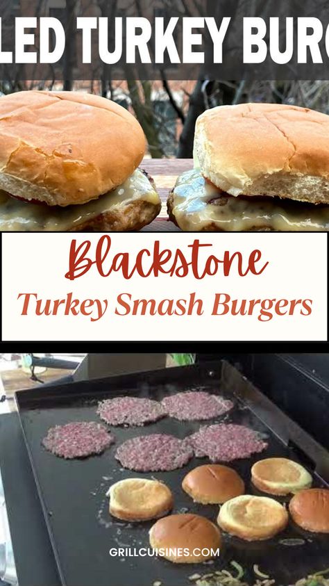 Upgrade your burger game with this irresistible Turkey Smash Burgers recipe! Made with seasoned ground turkey, these burgers are smashed on the griddle for a crispy, caramelized exterior and juicy interior. Perfect for a quick weeknight meal or a weekend BBQ, these healthier burgers are packed with flavor and easy to make. Top them with your favorite ingredients. Try Blackstone Turkey Smash Burgers recipe and satisfy your burger cravings today! Blackstone Ground Turkey Recipes, Ground Turkey Blackstone, Smashed Turkey Burger Recipes, Smashed Turkey Burger, Smash Turkey Burger Recipe, Ground Turkey Smash Burgers, Turkey Smash Burger Recipes, Smash Turkey Burger, Smash Burgers On Griddle