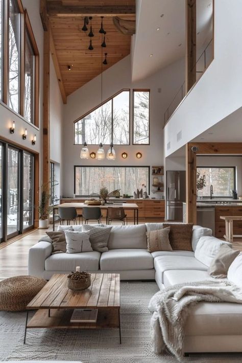 Rustic Modern Open Concept, Modern Cozy Living Room Open Concept, Interior Design Long Living Room, Simple Elegant Interior Design, Mountain Concept Interior Design, Light And Airy Apartment Decor, Open Plan Living Room Decor, Scandifornian Interior Design, Modern Bright Interior Design