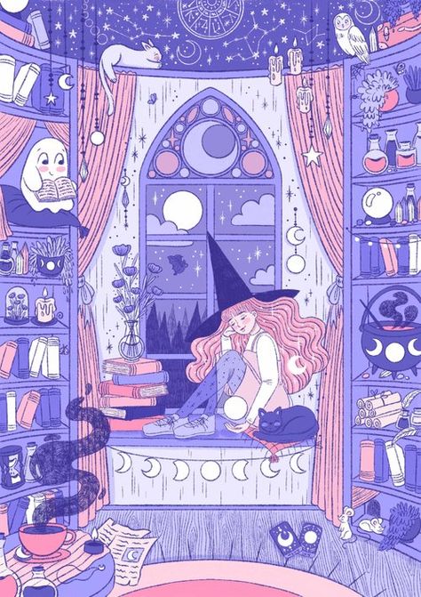 Marigona Suli, Witchy Illustration Art, Cartoon Witch Aesthetic, Witch Room Drawing, Witch Illustration Art, Witch Illustration, Cute Witchy Wallpaper, Witchy Designs, Witch Vibes