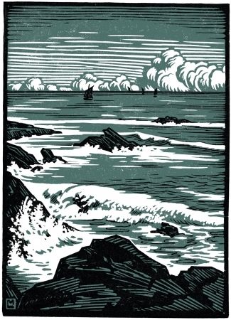 La Mer (Bretagne) - gravure sur bois 1910 - Louis Moreau, 1883-1952 France Woodcut Art, Linocut Printmaking, Lino Art, Linocut Art, Woodcuts Prints, France Art, Wood Engraving, Lino Print, Woodblock Print