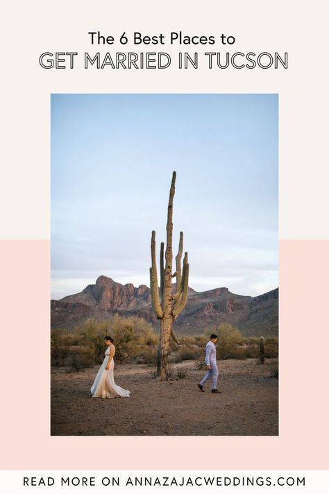 Bride and groom walk away from each other in the Arizona desert landscape. There is a giant cactus in the middle of the frame, and jagged mountains in the background.  This artistic portrait of a bride and groom in the Arizona desert was taken by Anna Zajac, an Arizona-based wedding and elopement photographer. Tucson Wedding Venues, Arizona Desert Wedding, Best Places To Get Married, Tucson Wedding, Venue Inspiration, Arizona Wedding Venues, Places To Get Married, Unique Wedding Venues, Tucson Arizona