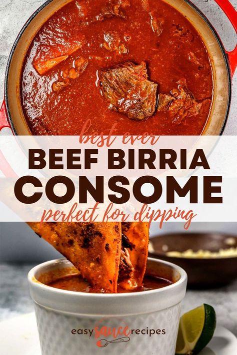 My Birria Consome is a rich and deeply flavorful Mexican sauce made with a mixture of savory, sweet, earthy, smoky, and spicy seasonings which bring incredible flavor to every single bite. Birria consome can be used as the base for a Mexican beef stew, but I love to take the consume and use it as a sauce for quesabirria tacos, burritos, over rice, or even chimichangas! Consume Sauce For Tacos, Birria Sauce For Tacos, Birria Sauce Recipe Mexican Easy, Birria Tacos Consome Recipe, Non Spicy Birria Tacos, Birra Taco Sauce Recipe, Birria Juice Recipe, Easy Birria Consome, Consomme Birria Tacos