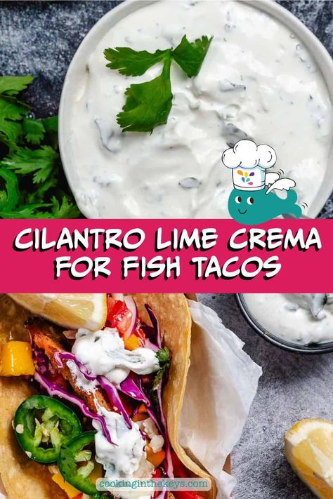 Cilantro Lime Sauce is a tangy sour cream fish taco sauce that adds flavor and freshness to every bite. Try this sauce on your tacos, baked fish dinners, and fried fish for an irresistible burst of zest and creaminess that complements any dish. Mexican Fish Tacos Sauce, Fish Taco Dressing Recipe, Cream Sauce For Fish Tacos, Sour Cream Lime Sauce, White Sauce For Fish Tacos, Lime Cream Sauce For Tacos, Taco Dressing Recipe, Easy Fish Taco Sauce, Fish Tacos Sauce