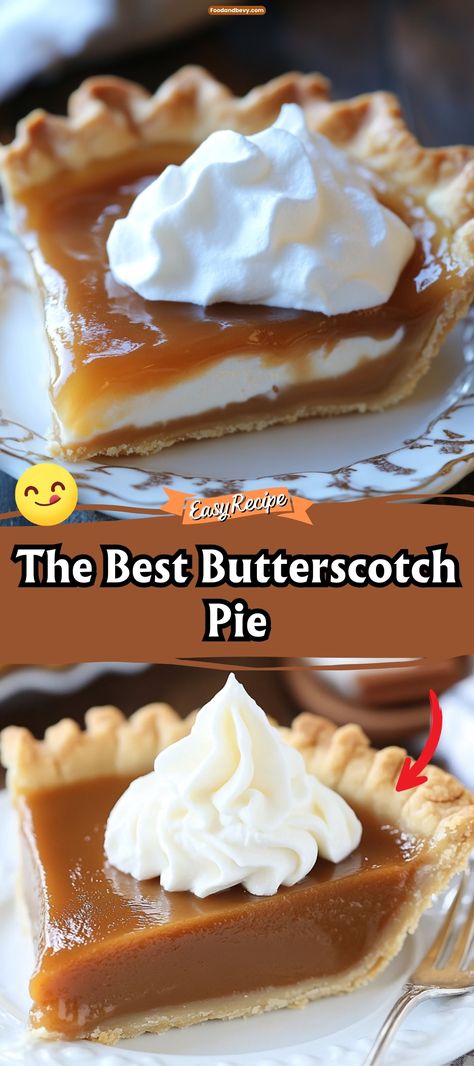 Savor the sweet, buttery goodness of Butterscotch Pie, a creamy delight topped with a fluffy meringue or whipped cream. This pie combines the deep flavors of brown sugar and butter in a smooth filling, making it a perfect dessert for any occasion that calls for a special touch. #ButterscotchPie #SweetTreats #DessertTime Old Fashion Butterscotch Pie, Creamy Caramel Custard Pie, Butterscotch Pie Old Fashioned, Butter Tart Pie, Pie Recipes Dessert, Pie Dessert Recipes, Butterscotch Filling, Caramel Cream Pie, Butterscotch Pie Recipe