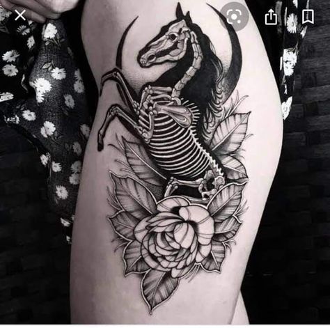 Horse Skeleton Painting, Horse Skull Tattoo, Animal Skeleton Tattoo, Animal Tattoo Meanings, Witchcraft Tattoos, Anatomy Tattoo, Cute Thigh Tattoos, Cow Tattoo, Horse Skull