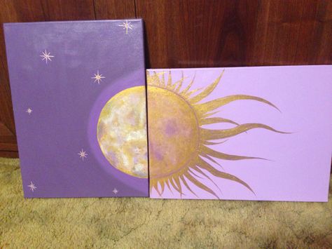 Golden sun and moon! Two canvas artwork with purple background! Painted by Ashley Black Sun And Moon Two Canvas Painting, Golden Sun Painting, Purple And Gold Painting Ideas, Purple And Black Painting, Half And Half Painting Ideas, Paintings With Purple Backgrounds, Sun And Moon Acrylic Painting, Moon Sun Painting, Purple Painting Ideas On Canvas