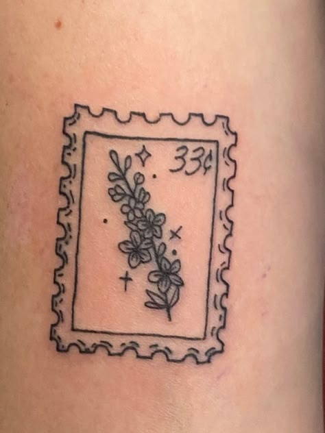 July Ruby Tattoo, Larkspur Stamp Tattoo, Flower Stamp Tattoo Ideas, Bluebonnet Stamp Tattoo, July Birth Month Tattoo, Supermarket Flowers Tattoo, July Birth Tattoo Ideas, July Tattoo Ideas Birth Month, July Birthday Tattoo