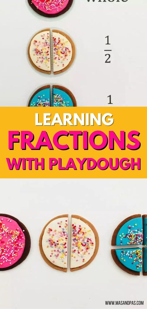 Hands on, interactive activities are the best way for kids to understand fractions, and this fun playdough cookie activity makes teaching fractions a cinch! Grab our free printable worksheets and playdough mats to explain whole numbers, halves, quarters, and dividing fractions in a fun way that's great for 1st grade classes and older. #fractionactivities #playdoughfractions #teachingfractions #fractiongames Fractions Hands On Activities, Teaching Halves, Adding Fractions Activities, Fun Fractions Activities, Fractions For Kids, Math Fraction Activities, Fractions Activities, Writing Fractions, Educational Activities For Toddlers