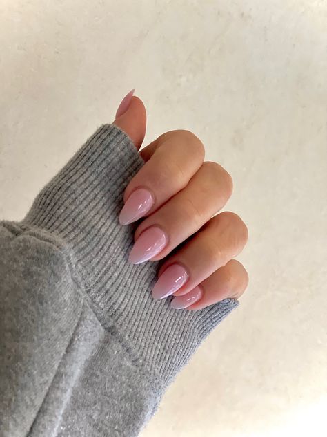 Almond, sheer pink, acrylic nails Pinkish Clear Nails, Oval Shaped Nails Pink, Simple Clear Pink Nails, Cute Clear Pink Nails, Almond Nude Pink Nails, Short Almond Clear Nails, Acrylic Nails Almond Light Pink, Blush Pink Almond Nails, Pink Nails Translucent