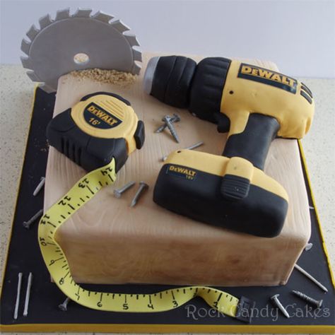 Tool Cake Ideas, Tool Themed Cake, Dewalt Birthday Cake, Builder Cake For Men, Dewalt Cake, Tools Cake For Men, Woodworking Cake Ideas, Tool Birthday Cake, Tools Birthday Cake