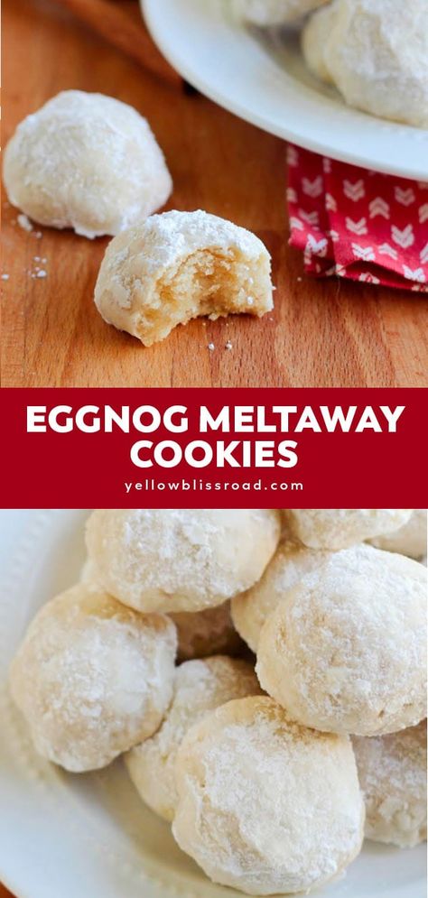 These Eggnog cookies are buttery and tender and melt in your mouth. With just a hint of spiced rum flavor, these Christmas cookies will steal the show! Eggnog Snowball Cookies, Eggnog Dessert, Eggnog Recipes, Meltaway Cookies, Dreamy Christmas, Eggnog Cookies, Eggnog Recipe, Egg Nog, Xmas Cookies