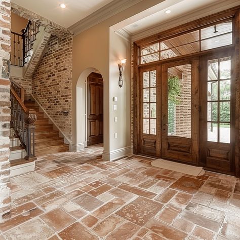 27 Entryway Flooring ideas for a Warm and Welcoming Home Brick Floor Entryway Foyers, Tile And Wood Entryway, Foyer Floor Design, Open Foyer Ideas Entryway, Entryway Flooring Ideas, Tile Foyer, Entrance Flooring, Foyer Floor, Foyer Ideas Entryway