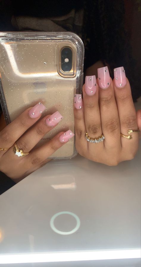 Pink Nail Designs Diamonds, Light Pink Square Nails With Rhinestones, Diamonds On Short Nails, Natural Pink Nails With Rhinestones, Clean Nails Look Acrylic, Medium Short Nails Acrylic Square Pink, Medium Nail Ideas Pink, Soft Pink Nails With Rhinestones, Short Acrylics With Rhinestones