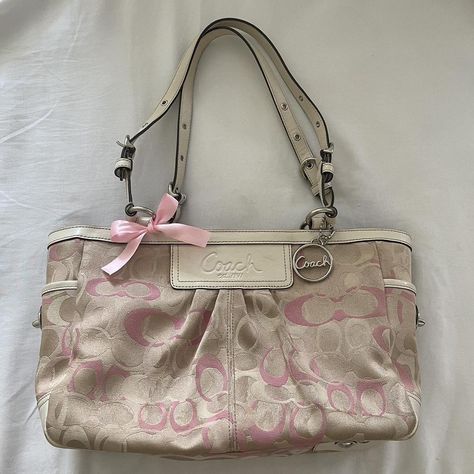 Coach Pink Monogram Shoulder Bag... - Depop Pink Coach Tote, Vintage Coach Bags Outfits Style, Coach Bags Vintage, Coach Bag Vintage, Coach Purse Outfit, Coach Bags Aesthetic, Coach Pink Bag, Coach Vintage Bag, Coach Bag Outfit