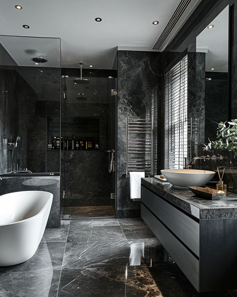 Indulge in the luxury of this dark black bathroom adorned with black/grey marble on walls, floor, and vanity countertop. A perfect retreat for ultimate relaxation. Luxury master bathroom | Chelsea London High-end Family House | UK | Dream Bathrooms Luxury Master Bath, Black Bathroom Paint, Grey Marble Bathroom, Black Marble Bathroom, Black Tile Bathrooms, Black Bathroom Light, Black Faucet Bathroom, Dark Bathroom Ideas, Black Bathroom Decor