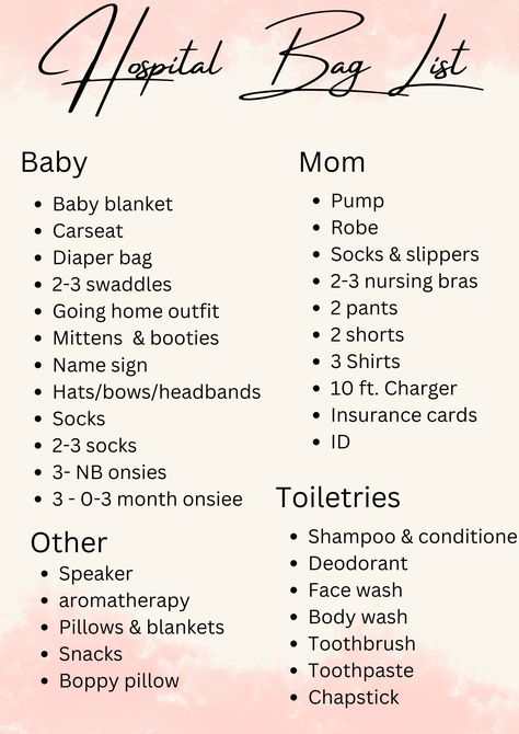 Hospital bag checklist to help prepare you for your baby's arrival! Birthing Bag Checklist, Checklist For Baby Arrival, Mother Hospital Bag Packing Lists, First Time Mom Hospital Bag Checklist, Hospital Toiletries Bag, Hospital Birth Bag, Second Time Mom Hospital Bag, Diaper Bag Hospital Checklist, Preparing For Baby Checklist