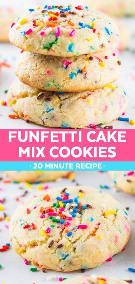 These funfetti cake mix cookies are perfect when you're craving an easy dessert, but don't want to put in a whole lot of effort to make it. In just 20 minutes you can have these soft, pillowy funfetti cookies made from cake mix! Confetti Cake Mix Cookies, Funfetti Cake Mix Cookies, Cake Box Cookies, Confetti Cookies, Cake Batter Cookies, Funfetti Cookies, Funfetti Cake Mix, Cookies Bars, Cake Mix Cookie Recipes