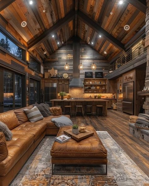 Small Barndominium Interior, Dark Wood Interior, Log Cabin Interior Design, Chic Cabin, Small Modern House Plans, Log Cabin Interior, Log Houses, Log Cabin Rustic, Log Cabin Ideas