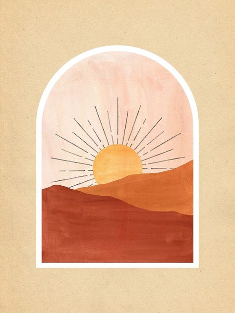 "Warm boho landscape" Art Print by WhalesWay | Redbubble Terracotta Wallpaper Bedroom, Boho Art Print, Boho Sun Painting, Terracotta Aesthetic Wallpaper, Terracotta Artwork, Terracotta Aesthetic, Boho Sunrise, Sunrise Drawing, Boho Drawing