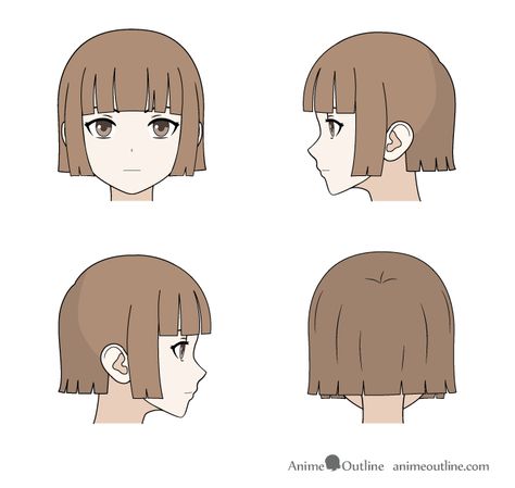 Drawing cut/trimmed anime hair front, back and side views Front And Side View Character, Face Front And Side View Reference, Long Hair Drawing Reference Front View, Manga Hair Female, Anime Front View, Hair Drawing Front View Female, Anime Hair From The Back, Anime Hair Reference Side View, Hair Drawing Reference Back View