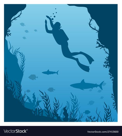 Scuba Diving Drawing Easy, Scuba Diving Drawing, Scuba Diver Drawing, Diving Into Water Drawing, Underwater Silhouette Painting, Water Silhouette, Diving Illustration, Scuba Diving Illustration, Scuba Diver Illustration