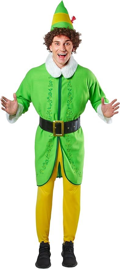 Size: Medium Buddy the Elf Costume 55% polyester/ 45% nylon tunic jacketfastens w/ Hook and Loop fastener at back of neck Tunic has fur cuffs & collar, printed leaves & vines on front 100% polyester tights have enclosed feet w/ an elastic waistband Buddy The Elf Costume, Funny Christmas Costumes, Elf Costumes, Christmas Costumes Women, Horse Costume, Yellow Tights, Christmas Elf Costume, Elf Man, Elf Shoes