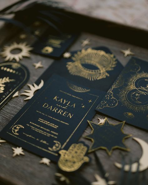 ….we wanted to create a invitation suite with mystical symbolism of astrology, fate, luck, with touches of black and gold foil…achieved. . . Photo @danielramirezphoto Spiritual Magic, Mysticism Aesthetic, Spiritual Wedding, Tarot Save The Date, Tarot Wedding Invitations, Astrology Wedding Invitation, Tarot Cards Black And Gold, Atelier Ideas, Black Gold Foil Invitation