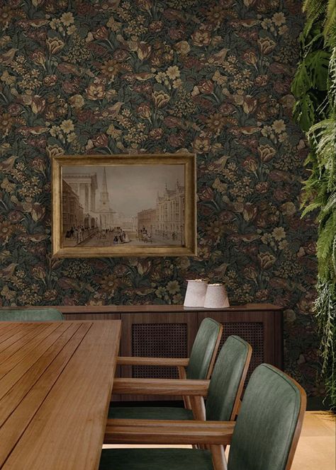 NextWall Bird Floral Vintage Peel and Stick Wallpaper (Mahogany & Graphite) Dining Room Wallpaper, Drops Patterns, Room Wallpaper, Burke Decor, Blue Lagoon, Vintage Wallpaper, Wallpaper Roll, Stick Wallpaper, Adhesive Vinyl