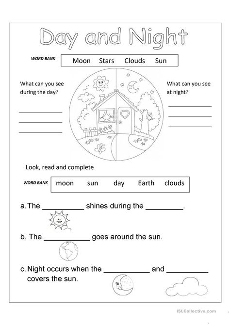 Day And Night Worksheets Kindergarten, Day And Night Worksheet, Free Science Worksheets, 1st Grade Science, First Grade Science, First Grade Worksheets, Science Quotes, Social Studies Worksheets, Kindergarten Science