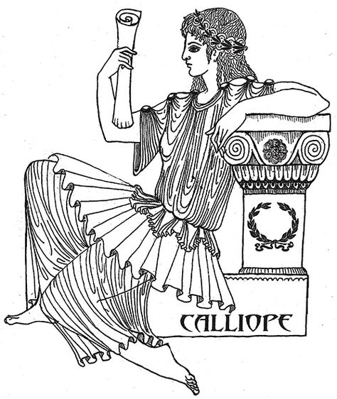 •	Calliope  -the “Fair Voiced” and the eldest Muse, is the muse of Epic Poetry  and the Legends of Heroes and is seen holding a writing tablet in hand, sometimes seen with a roll of paper or a book, and crowned in gold.   Art by Katlyn Greek Mythology Tattoos Muses, Calliope Tattoo, The Muses Greek Mythology, Muses Tattoo, Muse Drawing, Athena Drawing Greek Mythology, Calliope Muse, Greek Muses Illustration, Epic Poetry