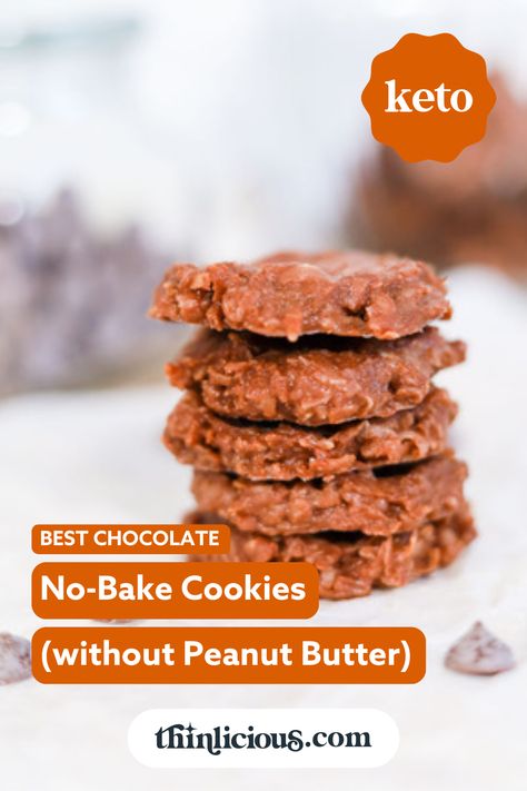 The BEST chewy chocolate no-bake cookies with only 5 simple ingredients in under 10 minutes. Quick and easy sweet fudgy chewy chocolate no-bake cookies are made without peanut butter and without oats. These allergy-friendly cookies are egg-free, gluten-free, sugar-free, and perfect for those on a low-sugar diet, keto diet, or diabetic diet. Unbaked Cookies, Allergy Friendly Cookies, Easy No Bake Cookies, Chocolate No Bake Cookies, Sugar Free Peanut Butter, Chocolate Oatmeal Cookies, Cooking Cookies, Low Sugar Diet, Baking Recipes Cookies