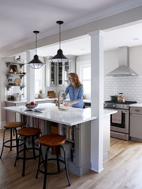 Kitchen With Column, Island With Post, Kitchen Island With Post, Kitchen Island With Columns, Post In Kitchen, Kitchen Columns, Kitchen Renovation Inspiration, Two Couples, Condo Kitchen