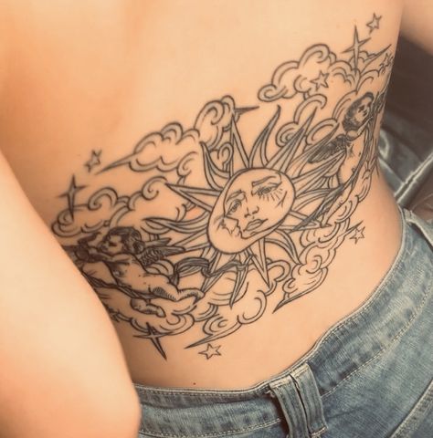 #sun #moon #tattoo #girly #magical #cute #big Sun Tattoo Big, Moon Back Tattoo, Sun Moon Tattoo, Moon Sun Tattoo, Big Moon, Sun Tattoo, Moon Tattoo, Big Tattoo, Color Tattoo