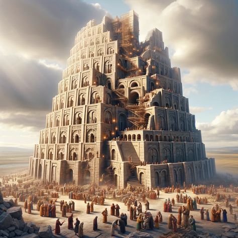 A highly detailed, realistic scene depicting the Tower of Babel from the Bible. The tower, immense and architecturally complex, rises towards a cloudy sky. The construction is a blend of ancient Middle Eastern styles, with intricate stone work and busy workers climbing and building. The atmosphere is chaotic, with groups of people arguing, gesturing, and looking confused, symbolizing the... Bible Calendar, People Arguing, Babel Tower, The Tower Of Babel, Tower Of Babel, Bible Characters, Bible Notes, Art House, Cloudy Sky