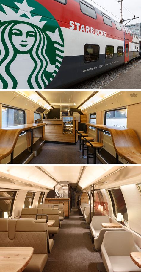 11 Starbucks Coffee Shops From Around The World // The luxury of train travel gets even more luxurious with the addition of a double-decker Starbucks car, that features a walk up bar complete with a small food display as well as an upstairs in which train riders can order their food and coffee from the comfort of their padded leather seats. Bus Restaurant Ideas, Bus Restaurant, Train Food, Truck Restaurant, Starbucks Shop, Starbucks Locations, Food Truck Business, Small Food, Design Café