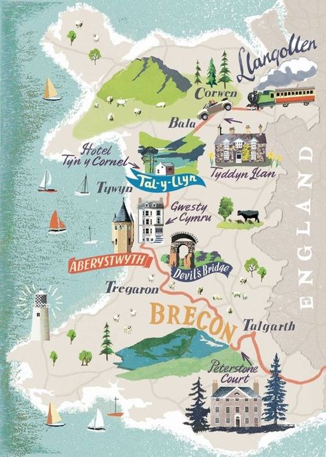 Anna Simmons - map of Wales Map Of Wales, Wales Map, Illustrated Maps, Map Projects, Map Illustration, Hand Drawn Map, Drawn Map, Print Map, Map Globe