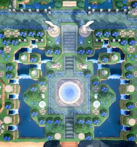 Royal Acnh Island, Heart Shaped Lake Animal Crossing, Acne Entrance Ideas, Elegant Core Animal Crossing, Acnh Blue Island, Animal Crossing Theme Ideas, Acnh University, Acnh City Ideas, Acnh Town Plaza Ideas