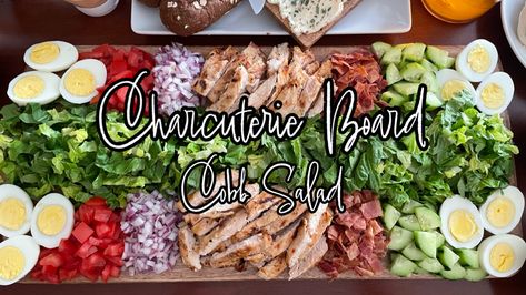 This Cobb Salad Charcuterie Board - makes a delicious dinner. Full video and items used in the Description Box Sheet Pan Cobb Salad, Wedge Salad Charcuterie Board, Cobb Salad Charcuterie Board, Cobb Salad Board Ideas, Food And Wine Wedge Salad, Ultimate Cobb Salad, Wedge Salad, Charcuterie Board, Cobb Salad