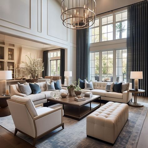 Living Room Center Fireplace, Transitional Living Room Interior Design, Two Story Formal Living Room, Large Open Concept Living Room, Great Rooms Modern, High Ceiling Family Room Ideas, 16 Foot Ceilings Living Rooms, Transitional Family Room Design, High Ceiling Family Room