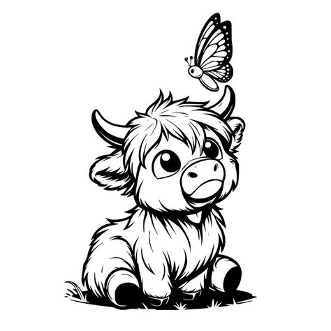 Hiland Cow Drawings, Highland Cow Tattoo Small Simple, Animal Black And White Drawing, Cow Drawing Ideas, Highland Cow Doodle, Highland Cow Drawings, Highland Cow Tattoo Design, Highland Cow Quotes, Cow Canvas Painting