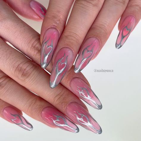 Metallic Flame Nails, Starfire Inspired Nails, Pink Chrome Flame Nails, Purple Flame Nails, Flame Heart Nails, Heart Flame Nails, Chrome Flame Nails, Blue Flame Nails, Flames Nails