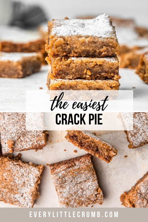 These milk bar crack pie bars are the best copycat recipe Momofoku's crack pie, in an easy to make bar form, and SUPER easy hacks. #milkbar #crackpie #oatmealcookies #barcookies #momofoku Milkbar Crackpie, Fall Winter Desserts, Milk Bar Recipes, Creamy Dessert Recipes, Cracked Cookies, Crumb Recipe, Vegetarian Cookies, Pie Bar Recipes, Yummy Deserts