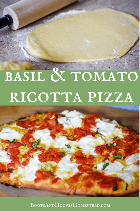 Ricotta Pizza Ideas, Basil Tomato Pizza, Homemade Pizza With Ricotta Cheese, Riccota Pizza Recipe, Ricotta On Pizza, Ricotta Cheese Flatbread, Pizza Recipes Ricotta, Ricotta Cheese Pizza Recipe, Ricotta Flatbread Pizza