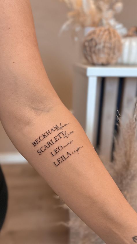 Instagram Birthday Time Tattoo, Tattoos To Get For Your Daughter, Single Line Name Tattoo, Arm Tattoos For Women Dainty, Simple Son Tattoo For Mom, Tattoos For Mom From Daughter, Full Of Life Tattoo, Name Tattoo Back Of Arm, Simple Daughter Tattoos