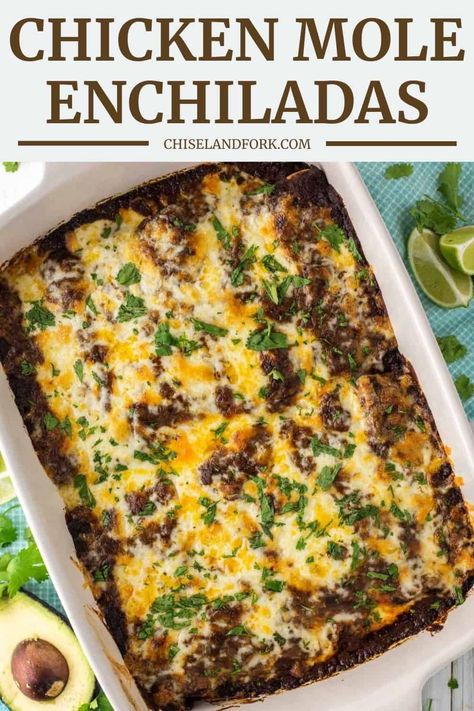 These chicken mole enchiladas are a unique take on a traditional Mexican dish, where the sauce is the star but you can make in way less time. #chickenmoleenchiladas #chickenmole #chickenenchiladas #enchiladas #mexican | chiselandfork.com Mole Enchiladas, Chicken Mole Enchilada Recipe, Chicken Mole Enchiladas, Mole Dishes, Mole Enchiladas Chicken, Mole Chicken Enchiladas, Authentic Chicken Enchiladas Mexico, Vegan Mole Enchiladas, Mole Enchiladas Recipe