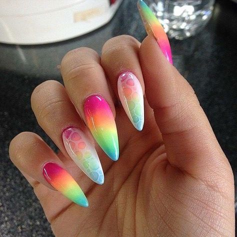 Summer Rainbow Multi Coloured Fade Ombre Nails! Again I don't like the pointy style but pretty colours. Bright Nails Neon, Summer Stiletto Nails, Rainbow Nail Art, Unghie Nail Art, Summer Gel Nails, Stiletto Nail Art, Colorful Nail, Summer Manicure, Colorful Nails